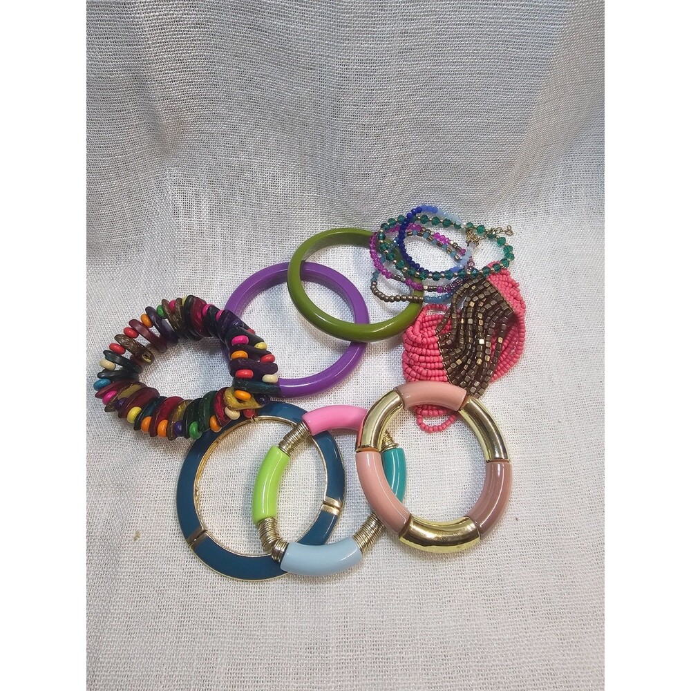 Fun Summer Bracelet Lot | Color Block Tube Bangles Beaded Stretch Wood Disc Boho